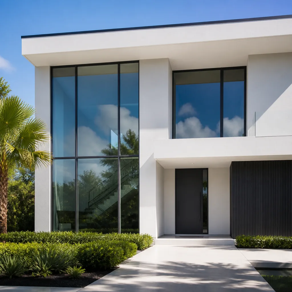 Modern luxury home exterior with custom black frame geometric windows in Coral Gables, FL