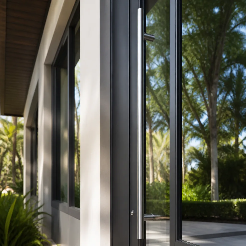 Modern glass door with professional stainless steel handle installation in Coral Gables, FL