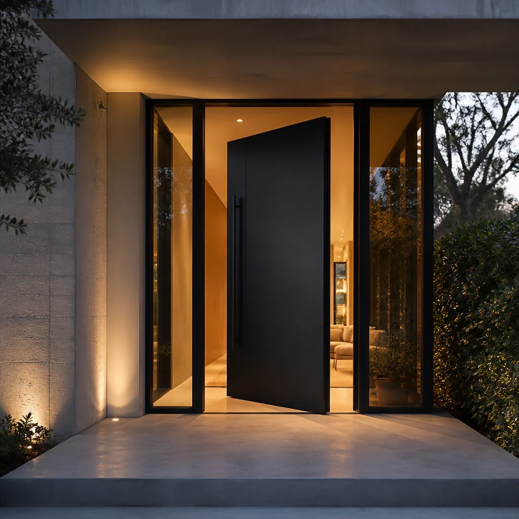 Modern black pivot entry door installed at a luxury residential home in Coral Gables, FL