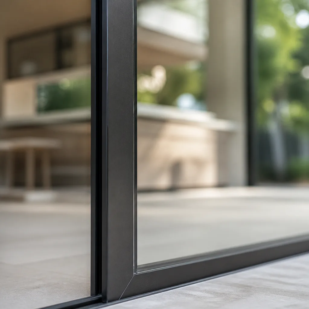Close-up of modern black sliding door frame installed in architectural home in Coral Gables, FL