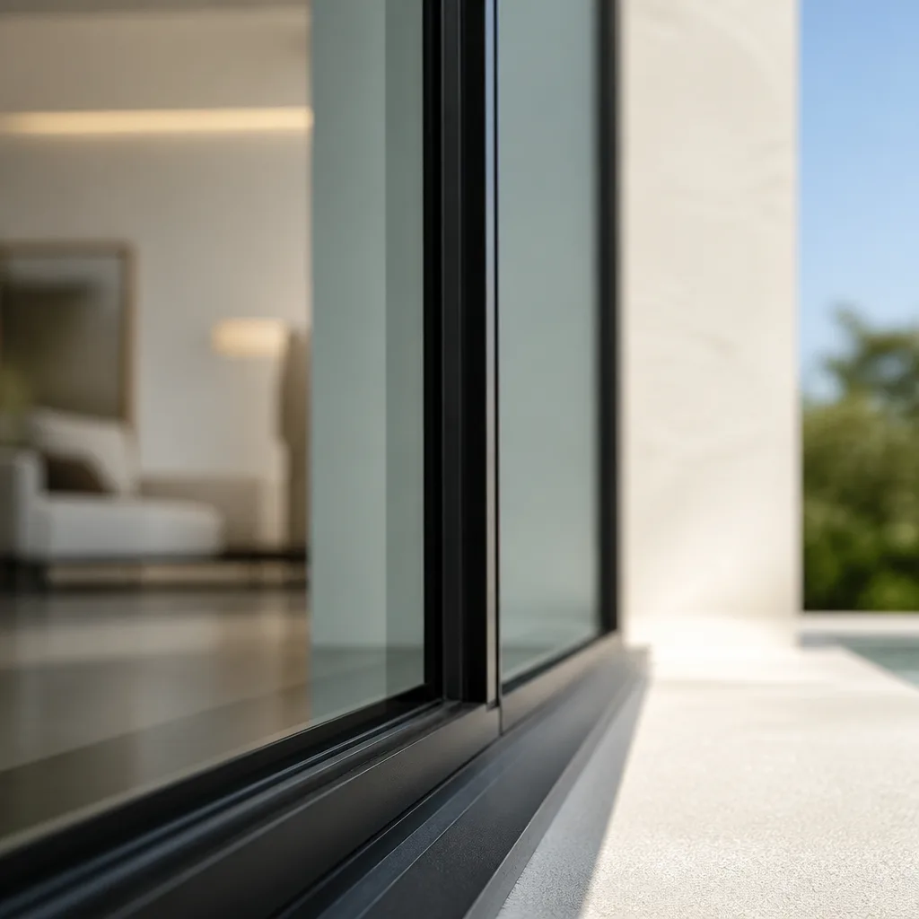 Modern floor-to-ceiling glass sliding door frame on a sunny patio in Coral Gables, FL