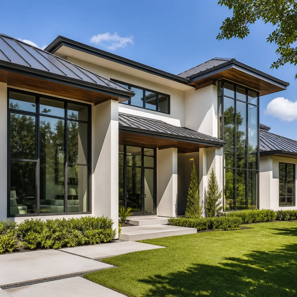 Modern house exterior with large custom windows and durable metal roof installation. in Coral Gables, FL