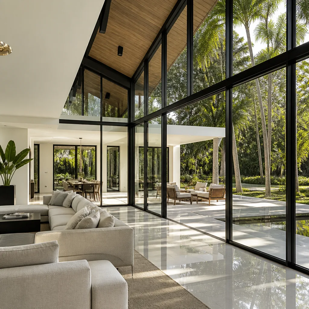 Modern floor-to-ceiling glass windows and doors in a luxury contemporary home in Coral Gables, FL