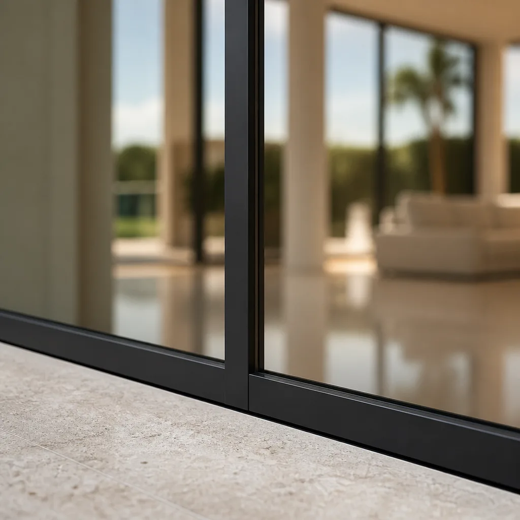 Modern sliding glass patio door with black frames and stone flooring in Coral Gables, FL