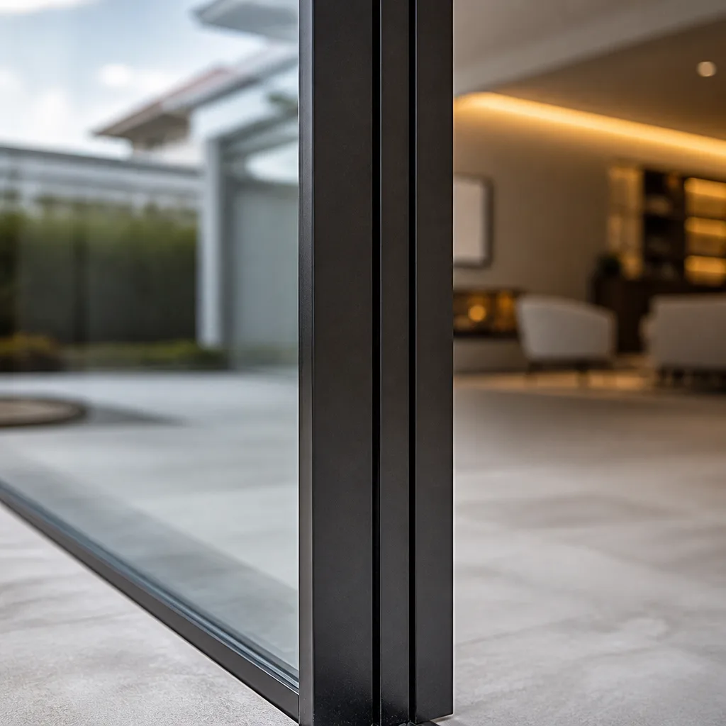 Modern floor-to-ceiling glass sliding door transition in a luxury home in Coral Gables, FL
