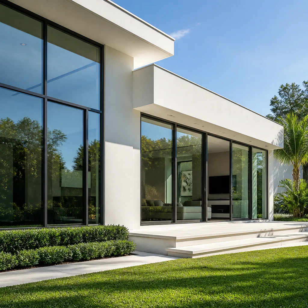 Modern home with floor-to-ceiling windows and large sliding glass patio doors in Coral Gables, FL
