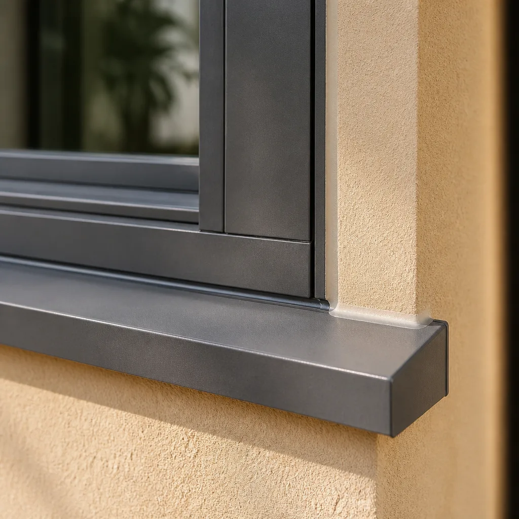 Close-up of a modern grey window frame installed in a stucco wall in Coral Gables, FL
